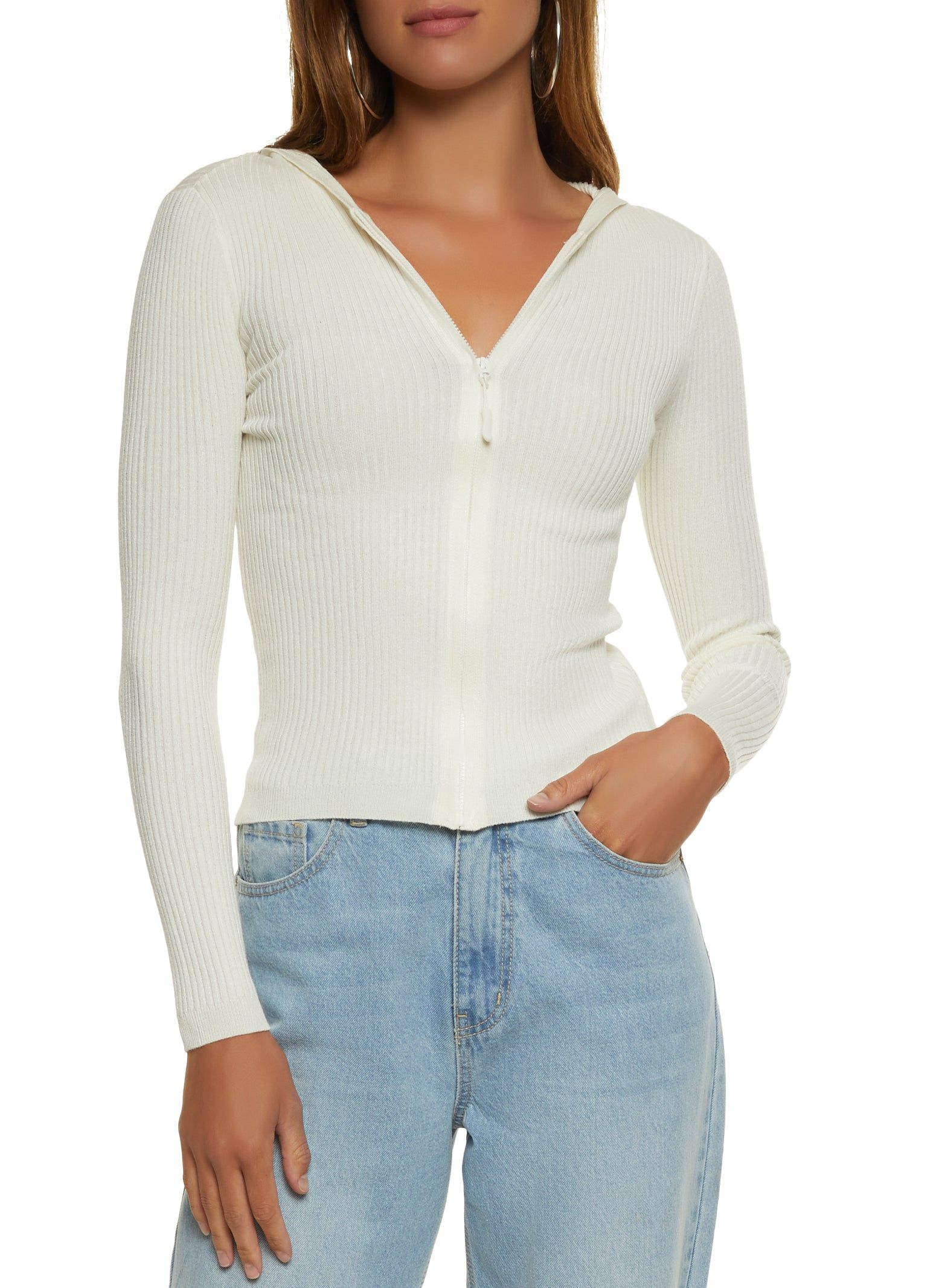 Ribbed Knit Zip Front Hooded Sweater sold by Rainbow