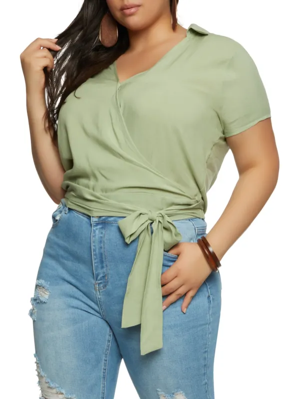 Plus Size Collared Faux Wrap Top sold by Rainbow