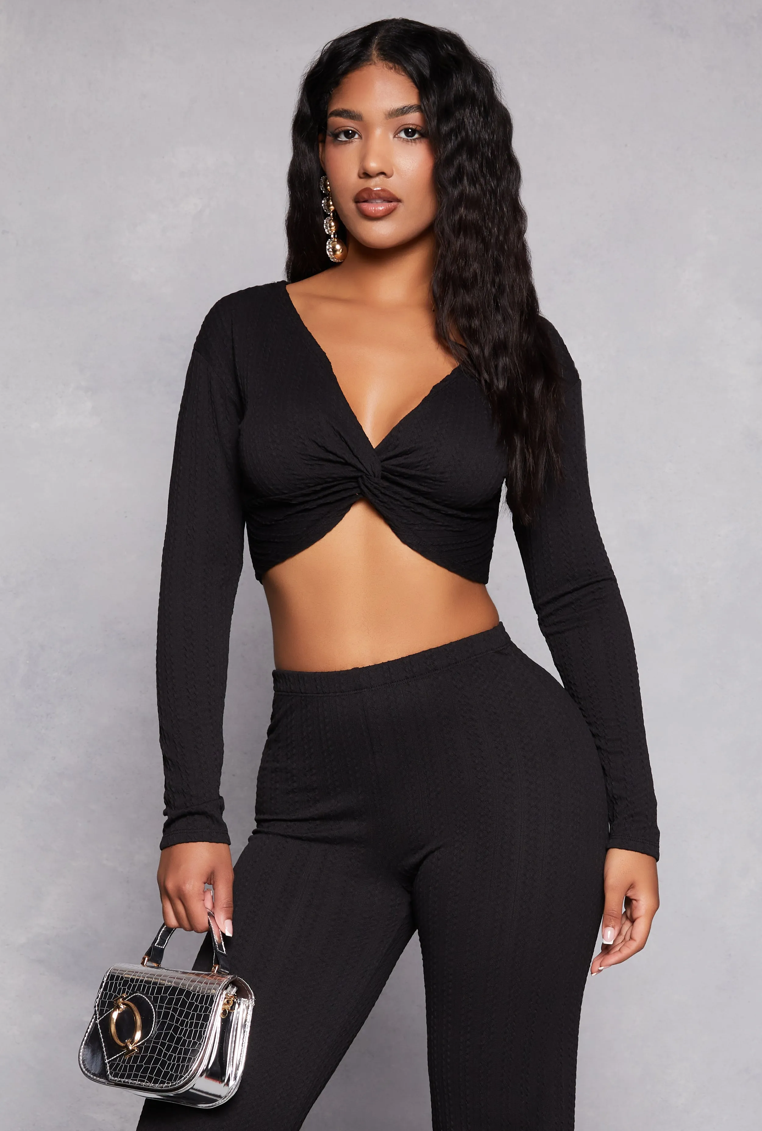 Textured Knit Twist Front Crop Top sold by Rainbow