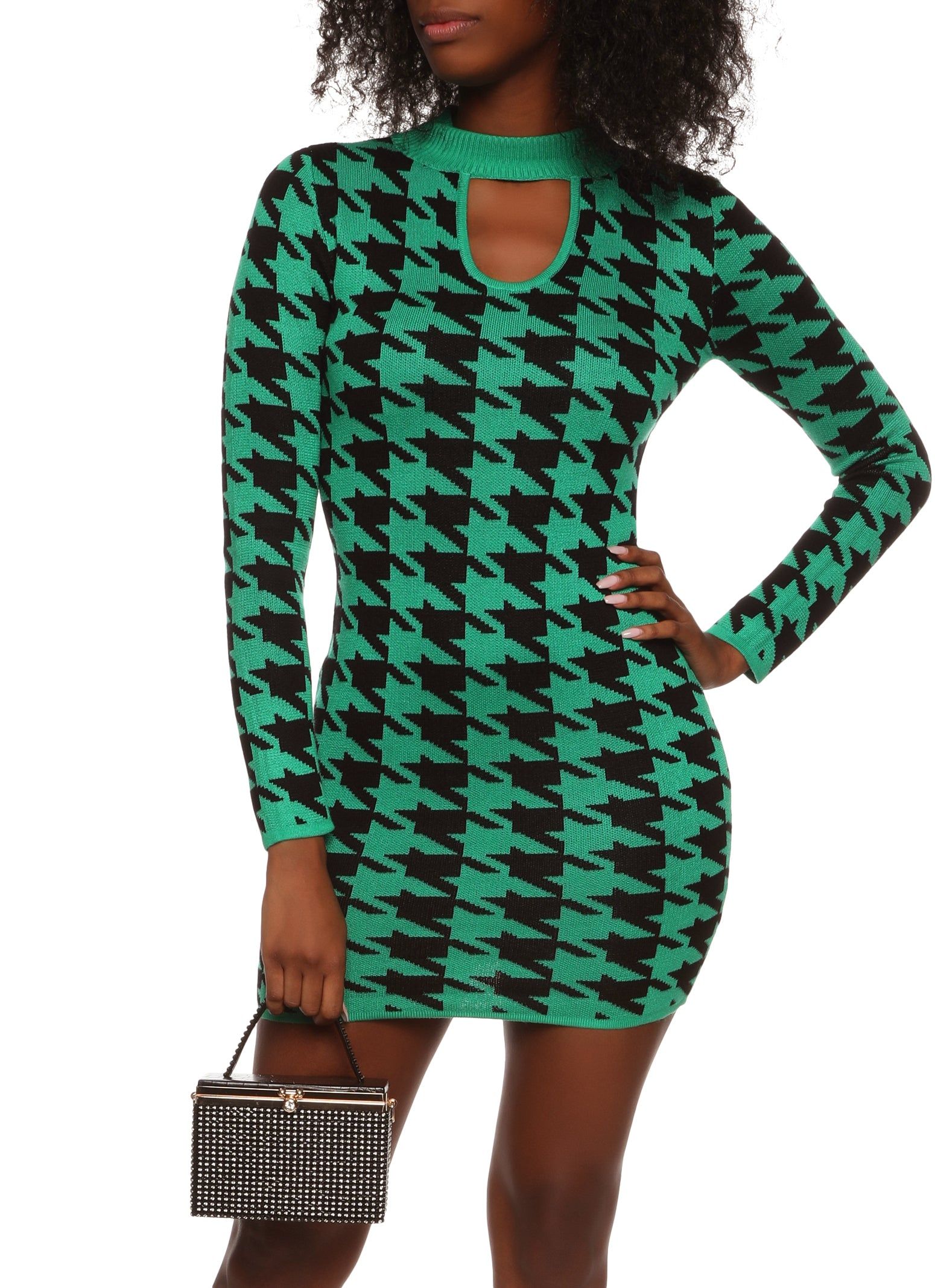 Mock Neck Houndstooth Keyhole Sweater Dress sold by Rainbow