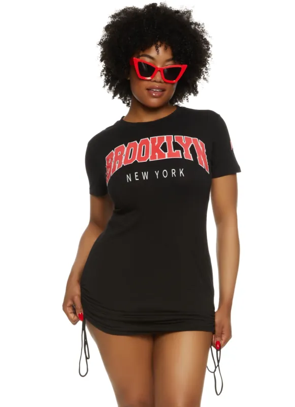 Plus Size Brooklyn New York Ruched Graphic T Shirt Dress sold by Rainbow