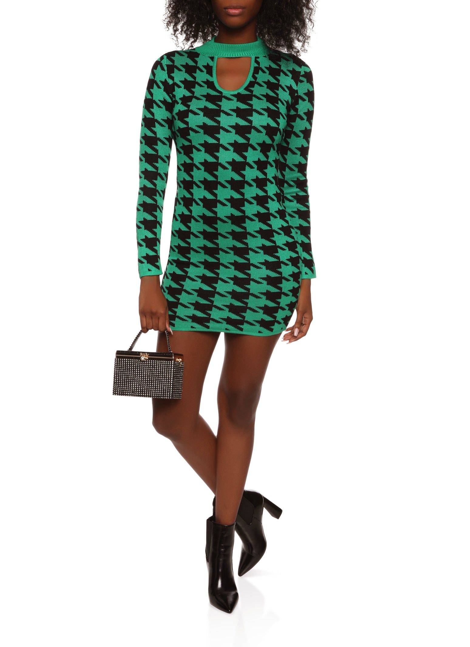 Mock Neck Houndstooth Keyhole Sweater Dress sold by Rainbow product image thumbnail 2