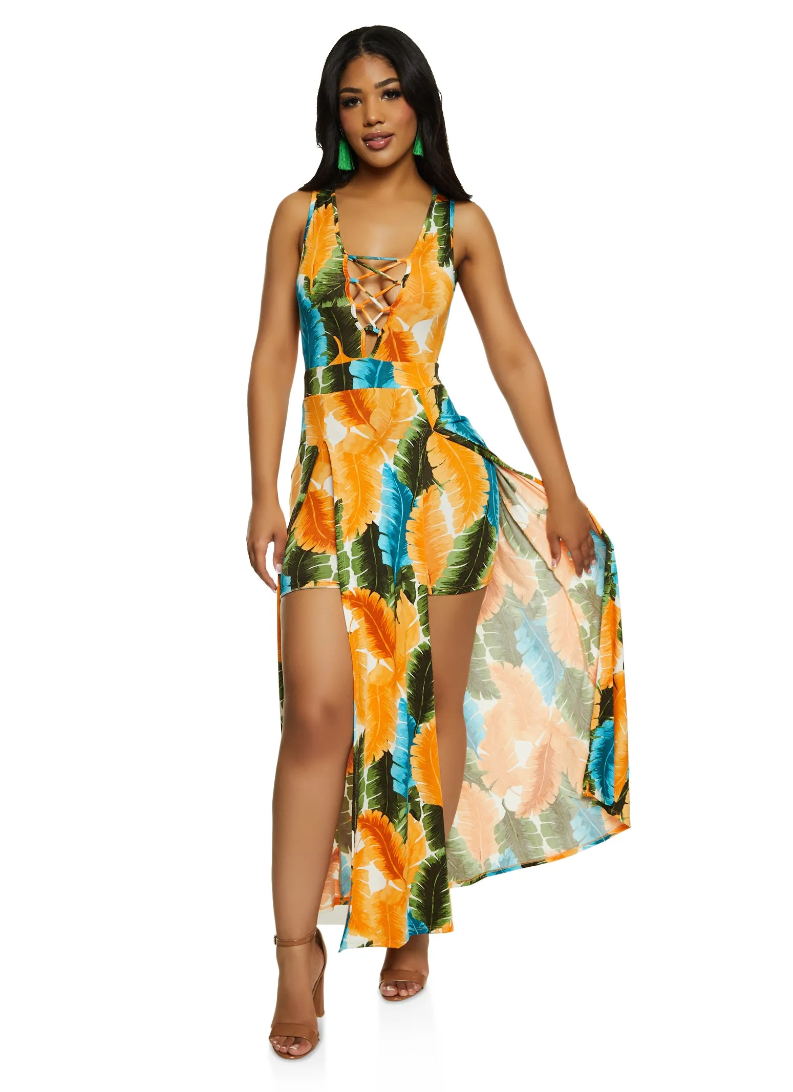 Iris Tropical Leaf Print Caged V Neck Maxi Romper sold by Rainbow