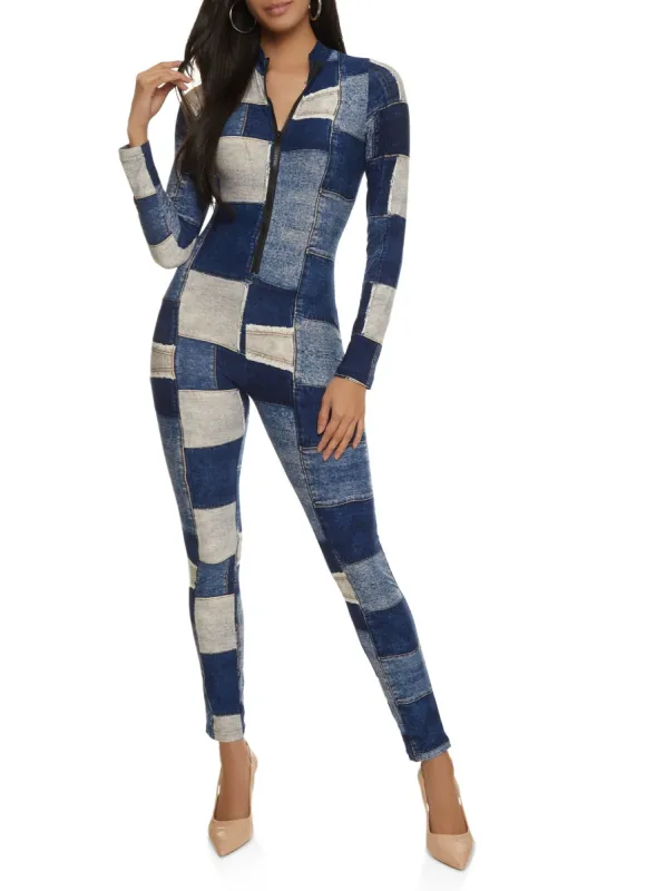 Patchwork Print Zip Neck Jumpsuit sold by Rainbow