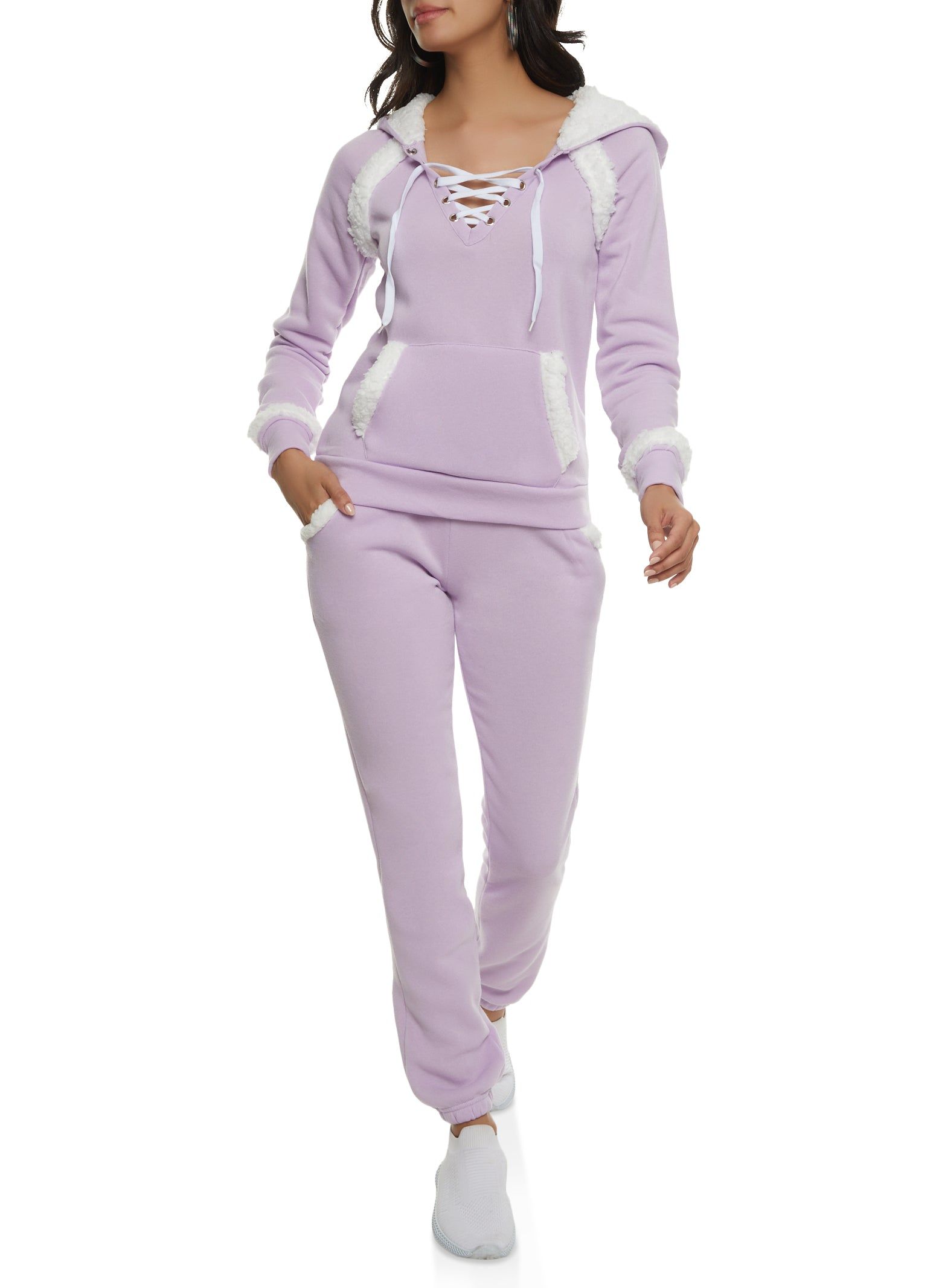 Sherpa Lined Lace Up Pullover Hoodie sold by Rainbow product image thumbnail 2