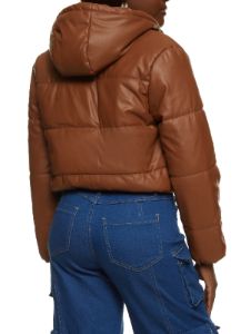 Faux Leather Hooded Drawstring Hem Puffer Jacket sold by Rainbow