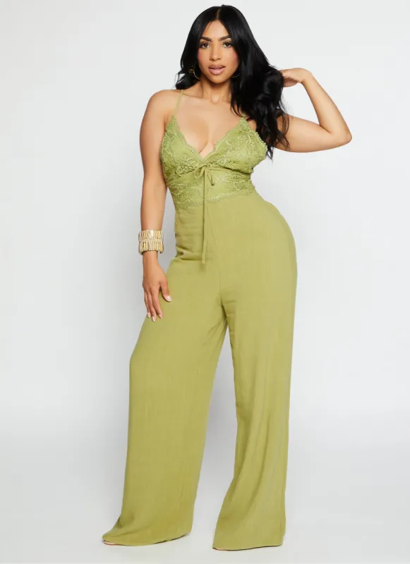 Linen Lace Detail Criss Cross Back Jumpsuit sold by Rainbow