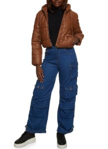 Faux Leather Hooded Drawstring Hem Puffer Jacket sold by Rainbow