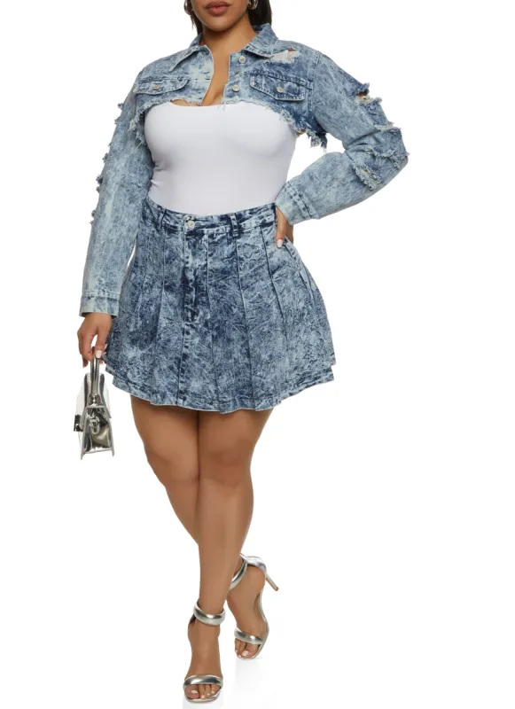 Plus Size Acid Wash Denim Pleated Mini Skirt sold by Rainbow