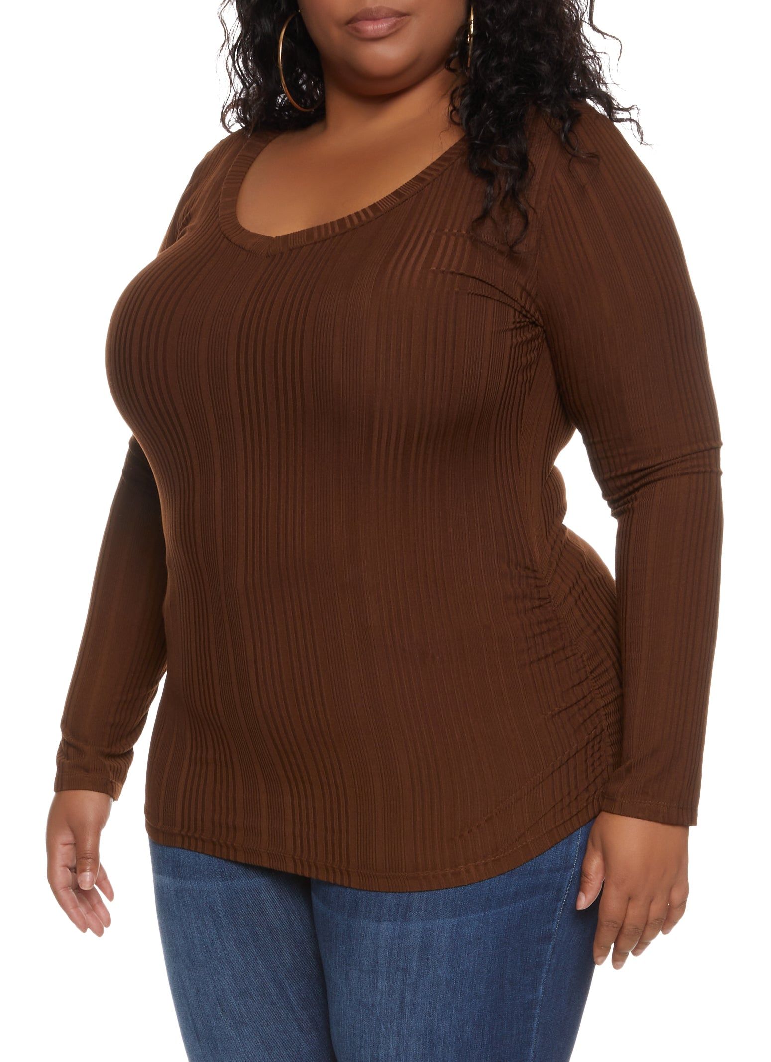 Plus Size Ribbed Knit Long Sleeve Ruched Top sold by Rainbow