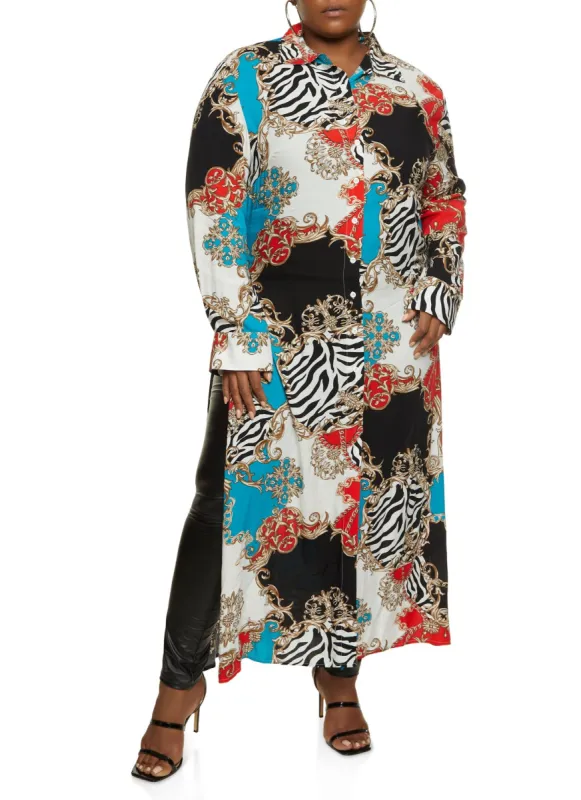 Plus Size Status Print Maxi Button Front Shirt sold by Rainbow