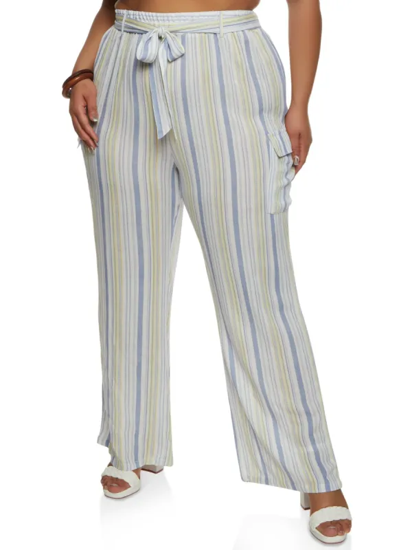 Plus Size Striped Tie Waist Belted Wide Leg Pants sold by Rainbow
