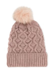 Textured Knit Faux Fur Lined Pom Pom Beanie sold by Rainbow