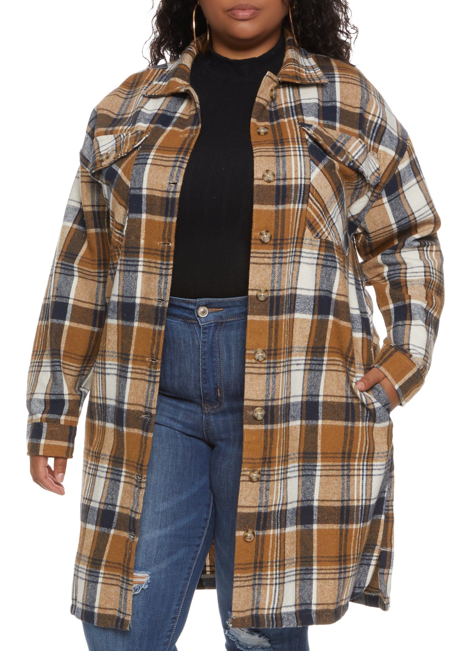 Plus Size Plaid Brushed Knit Long Line Shacket sold by Rainbow