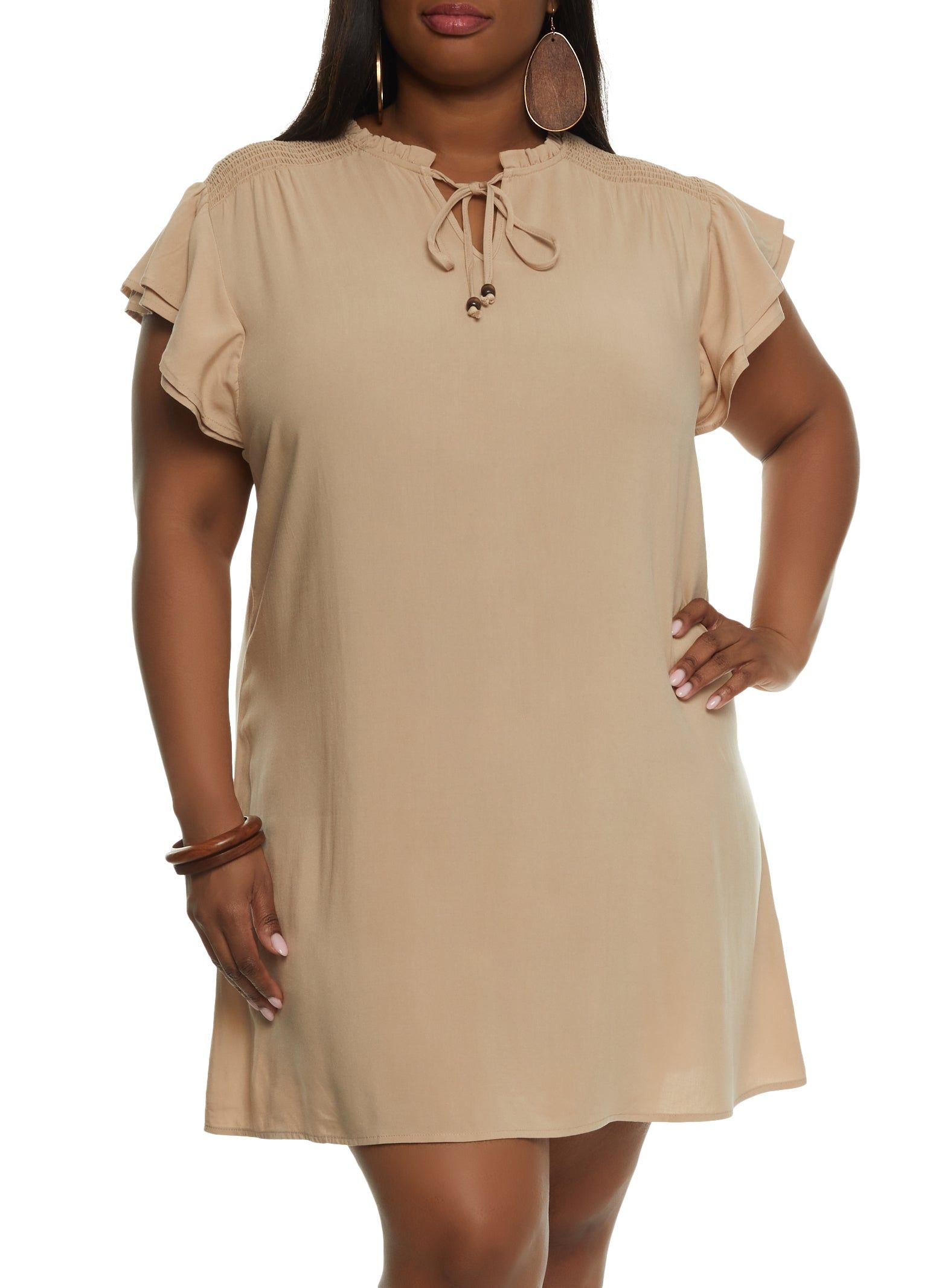Plus Size Smocked Tie Neck Shift Dress sold by Rainbow