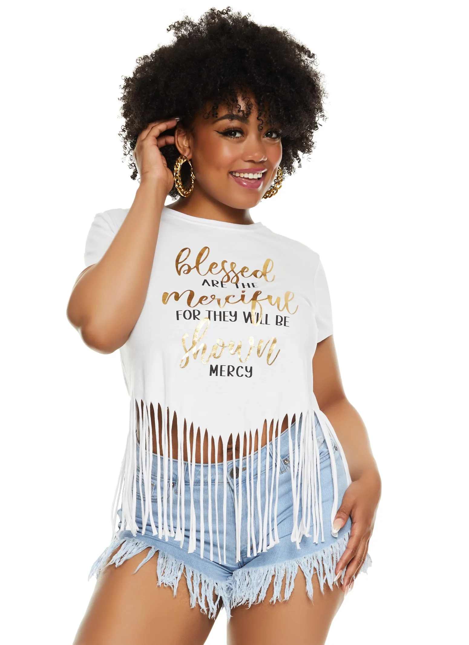 Plus Size Fringe Hem Blessed Foil Graphic T Shirt sold by Rainbow