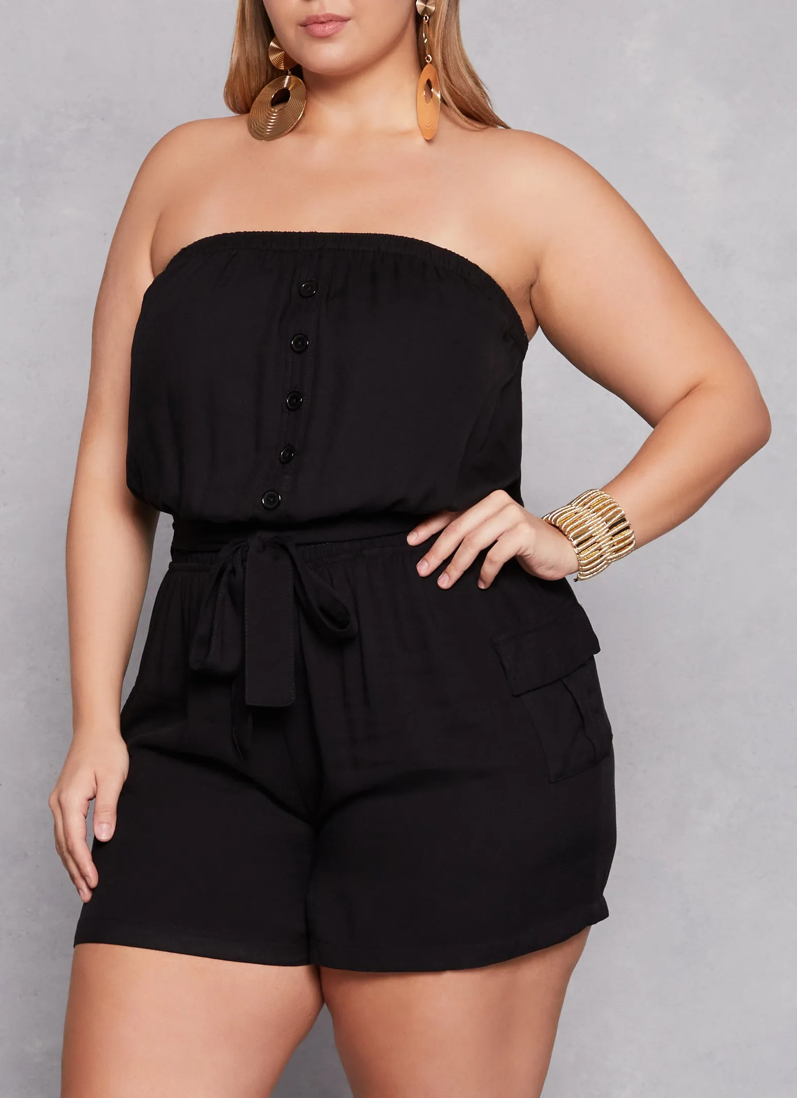 Plus Size Faux Button Smocked Tie Waist Romper sold by Rainbow