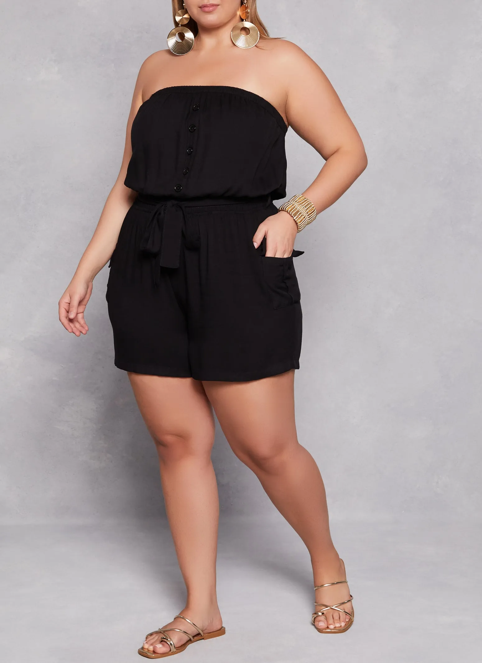 Plus Size Faux Button Smocked Tie Waist Romper sold by Rainbow product image thumbnail 2