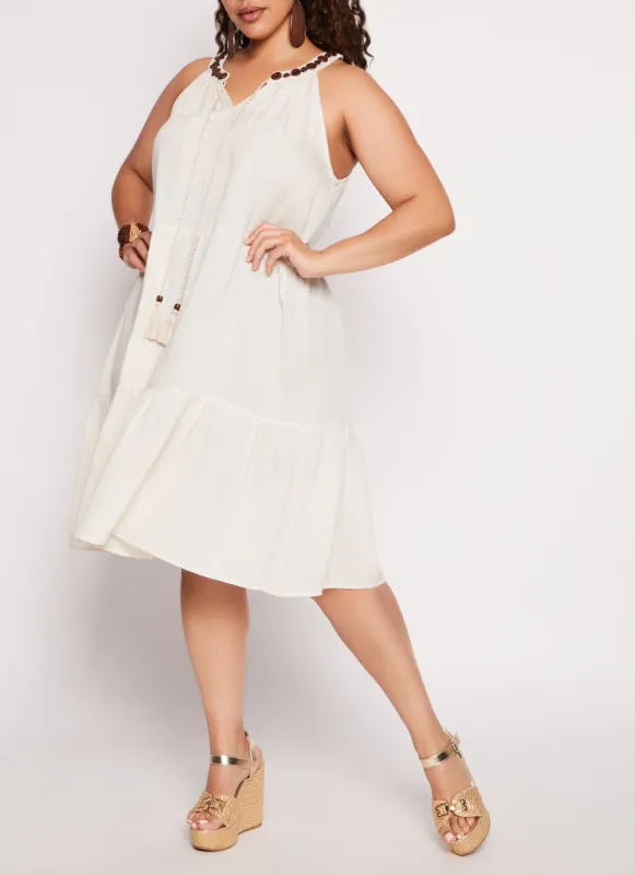 Plus Size Linen Beaded Notch Neck Shift Dress sold by Rainbow