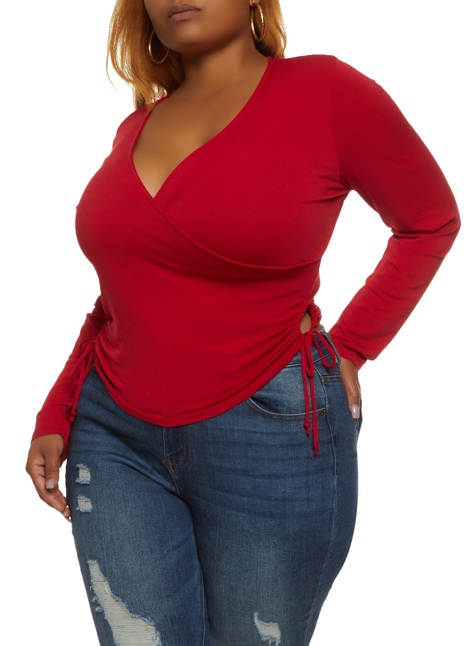 Plus Size Faux Wrap Keyhole Ruched Side Top sold by Rainbow