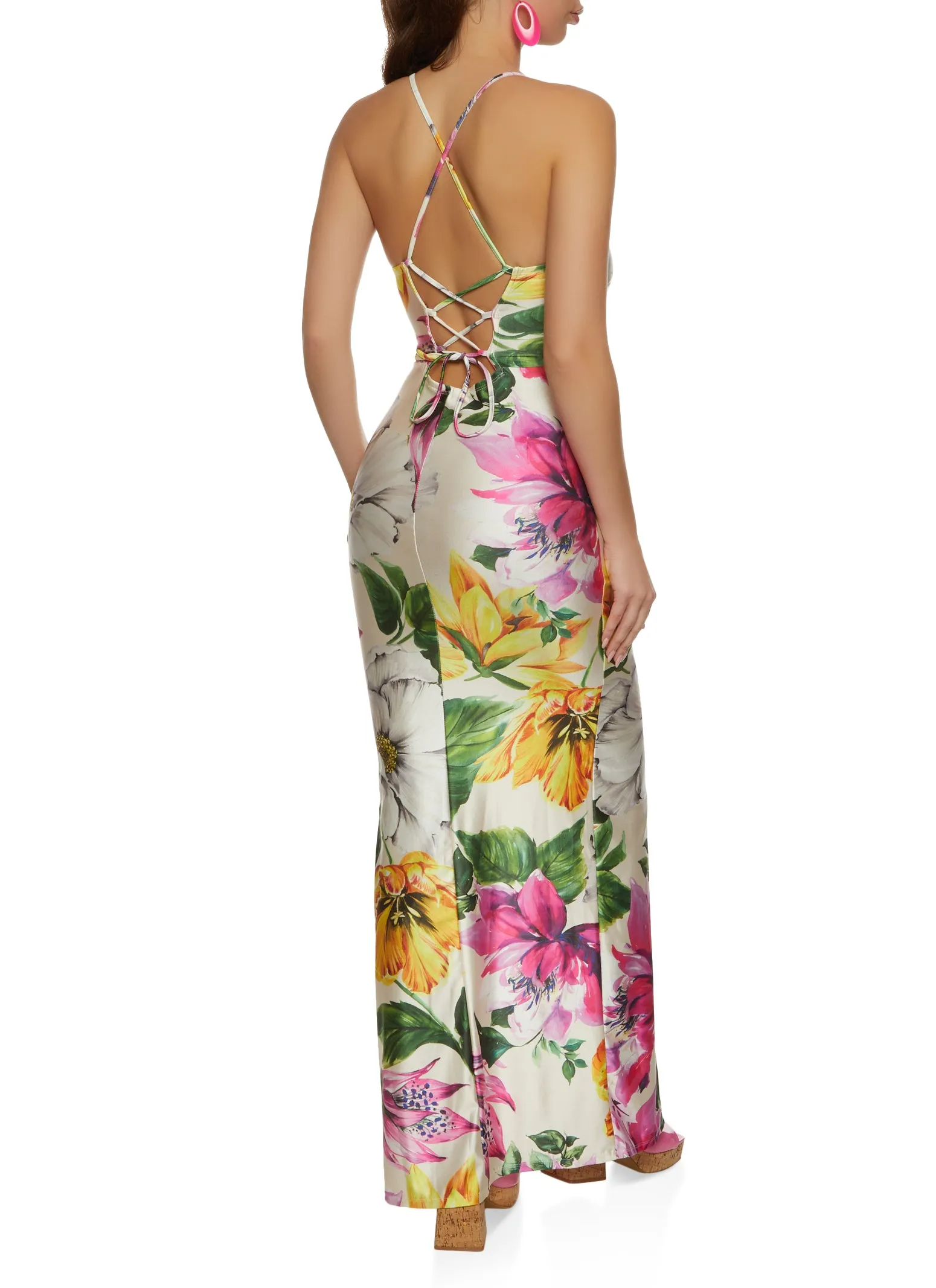 Iris Floral Print Lace Up Back Maxi Dress sold by Rainbow product image thumbnail 3