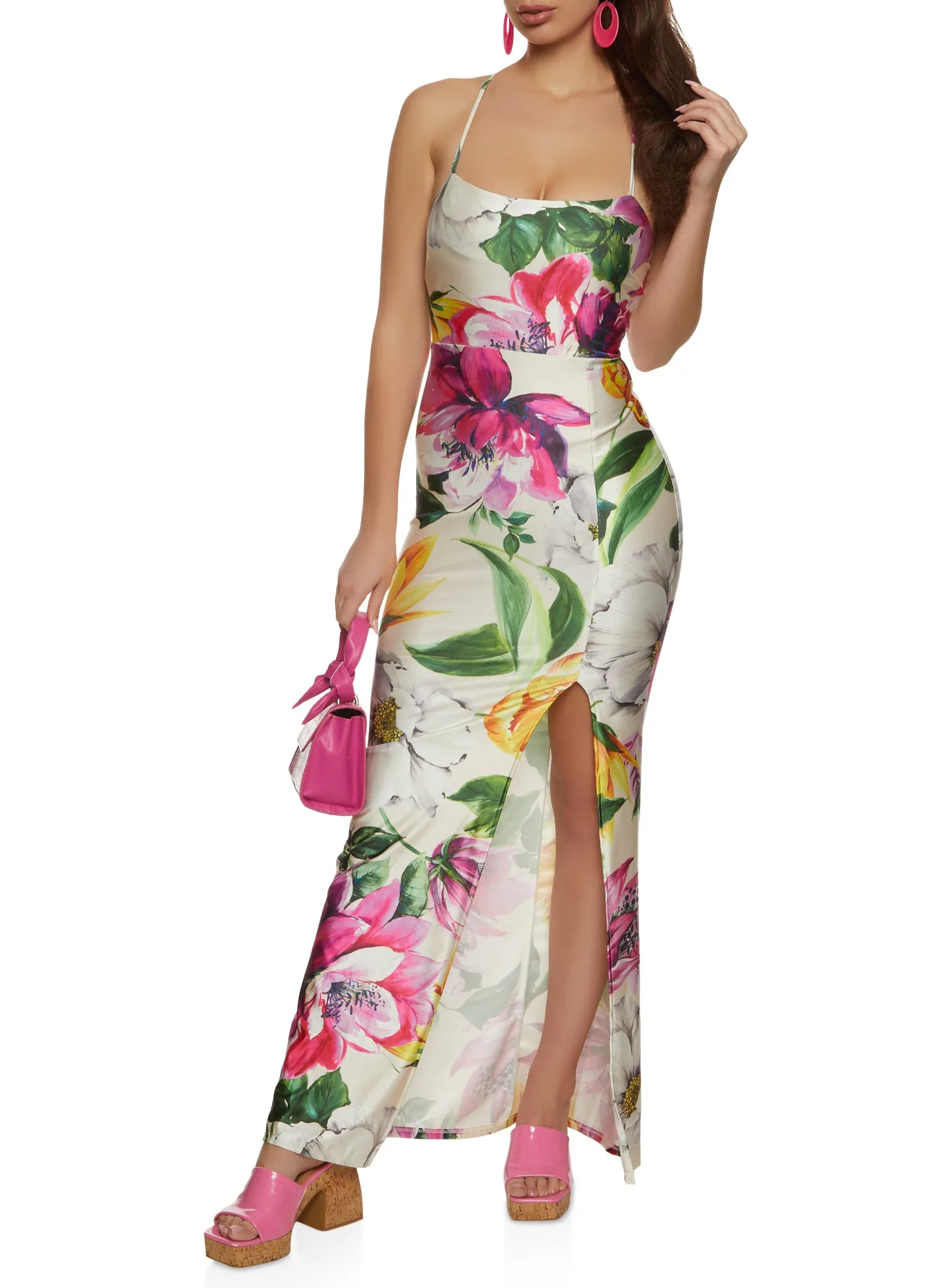 Iris Floral Print Lace Up Back Maxi Dress sold by Rainbow