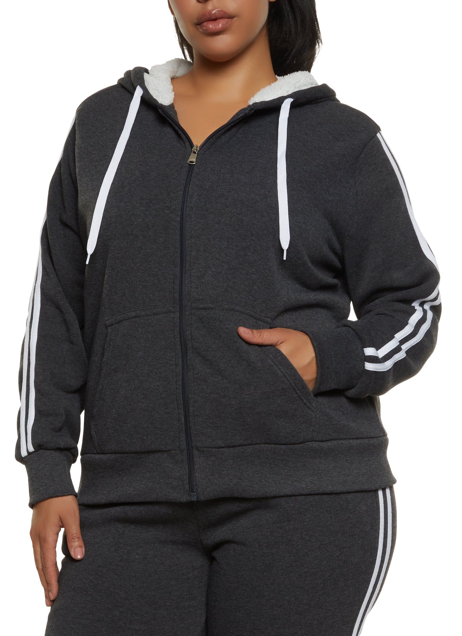 Plus Size Sherpa Lined Varsity Striped Sleeve Zip Hoodie sold by Rainbow