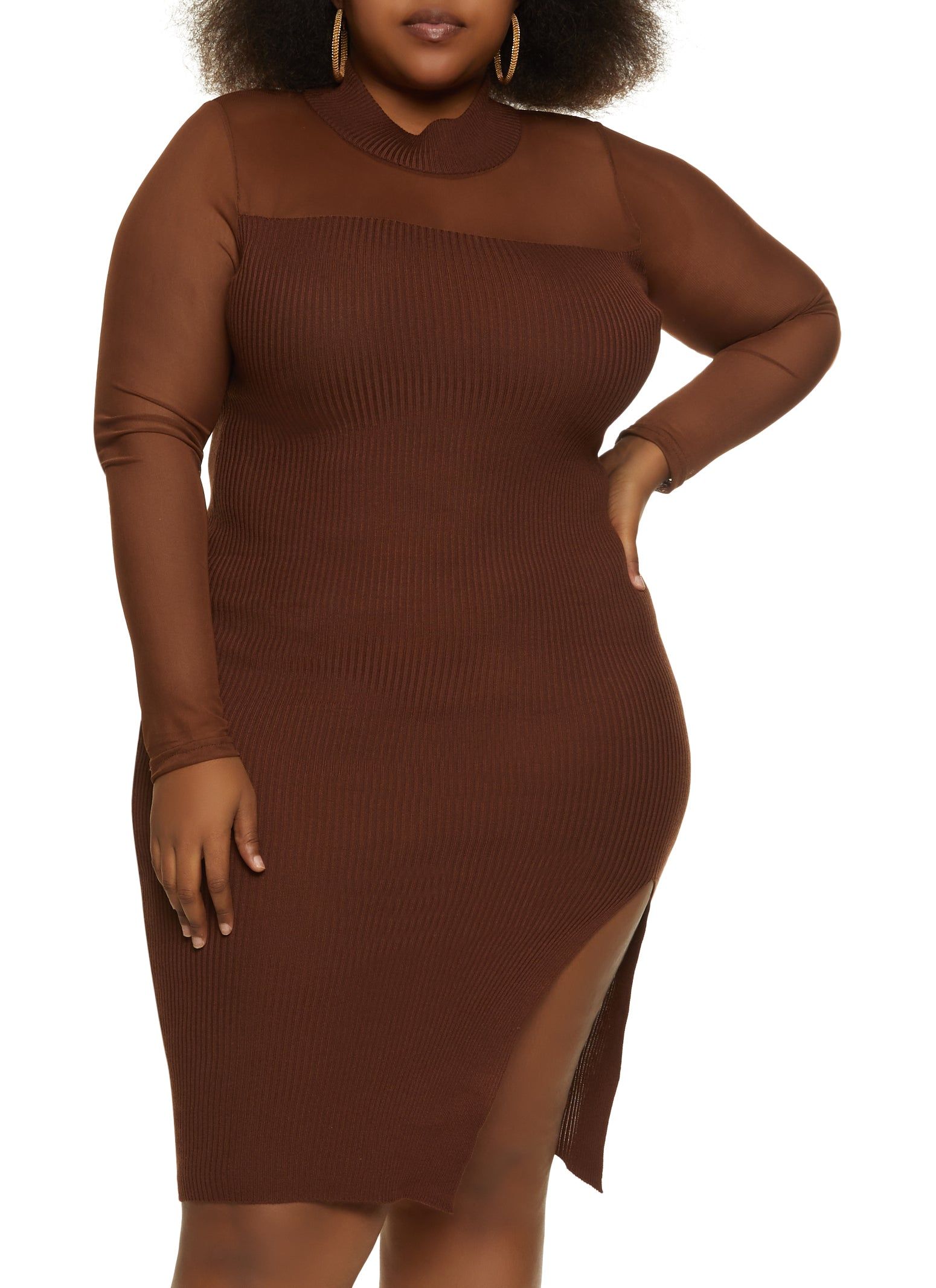 Plus Size Mesh Mock Neck Long Sleeve Midi Dress sold by Rainbow