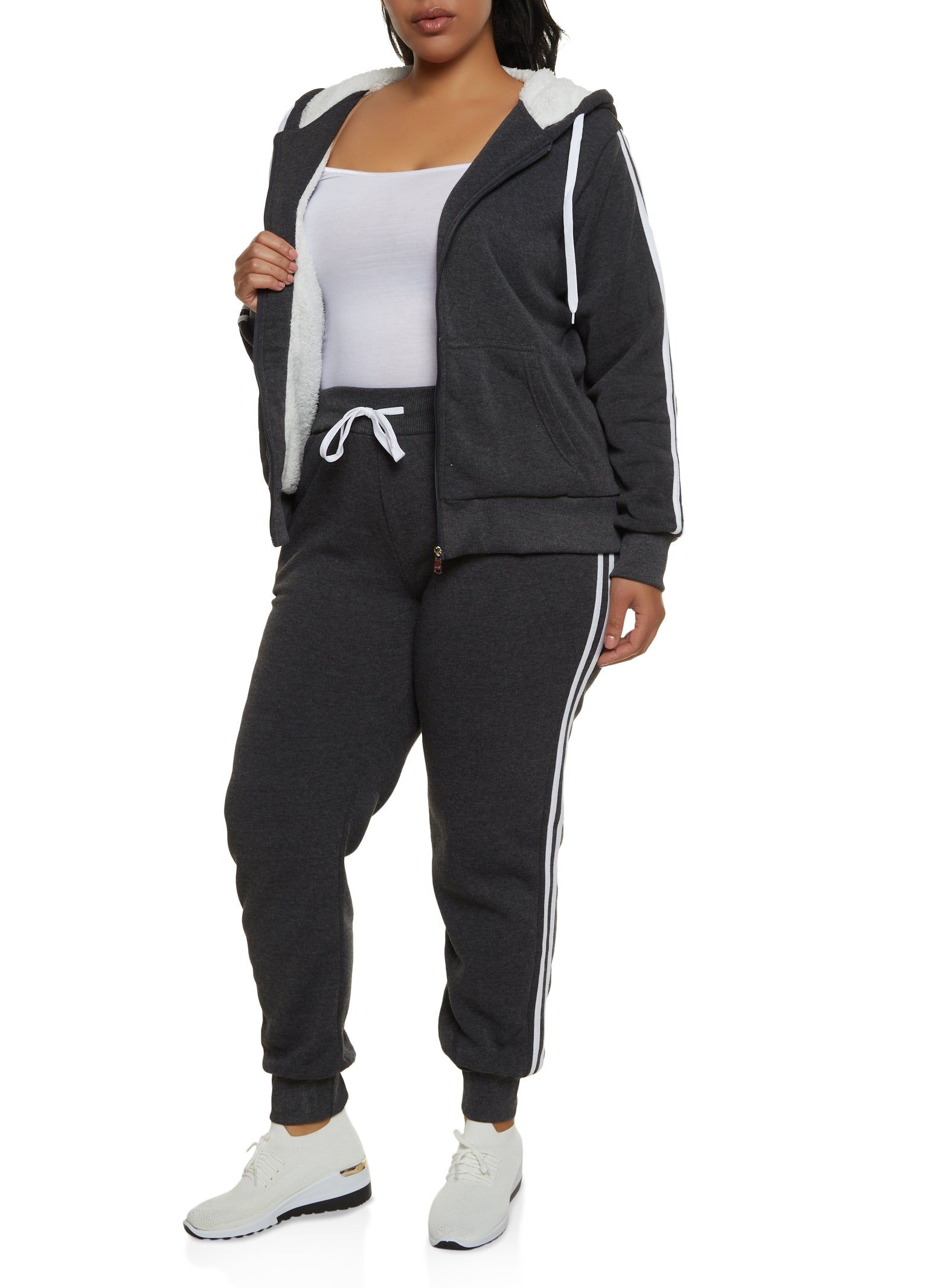 Plus Size Sherpa Lined Varsity Striped Sleeve Zip Hoodie sold by Rainbow product image thumbnail 2