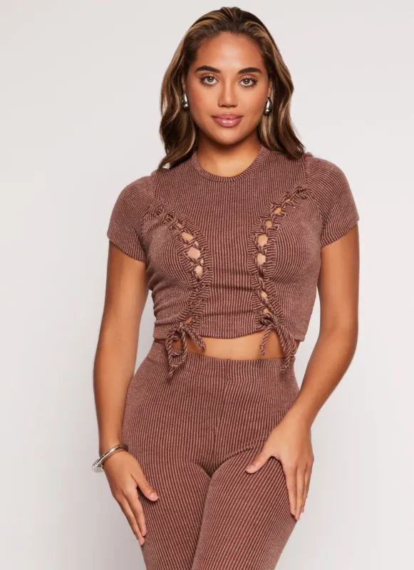 Ribbed Knit Ruched Lace Up Crop Top sold by Rainbow