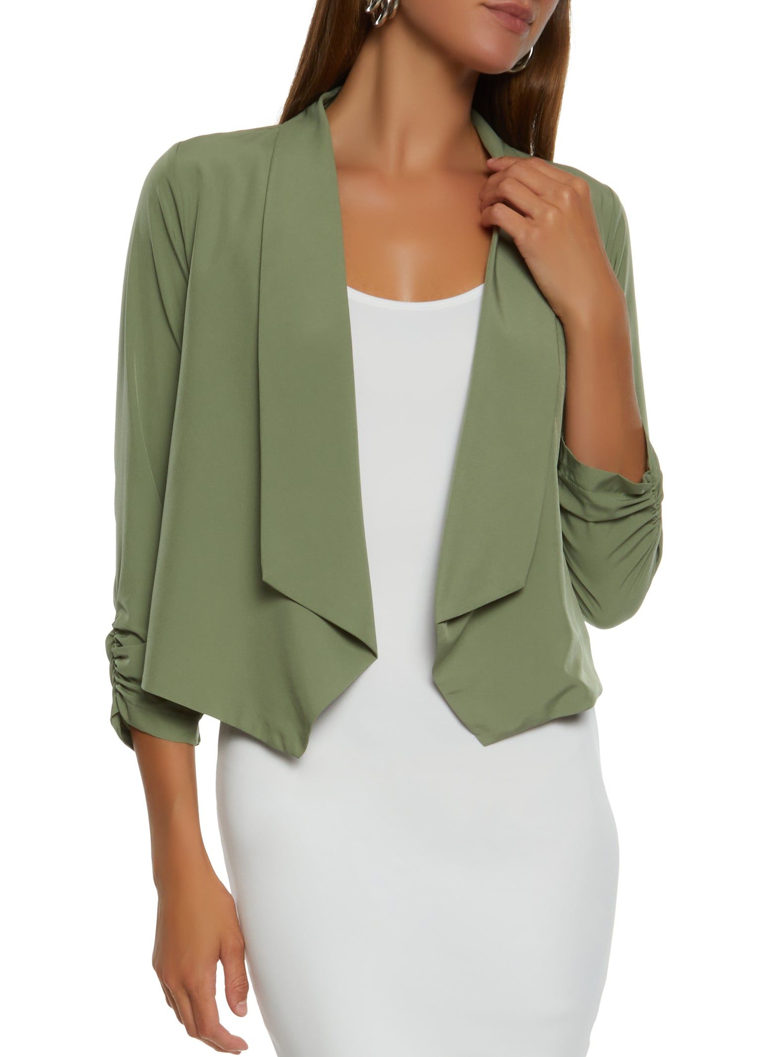 Solid Crepe Knit Ruched Sleeve Blazer sold by Rainbow