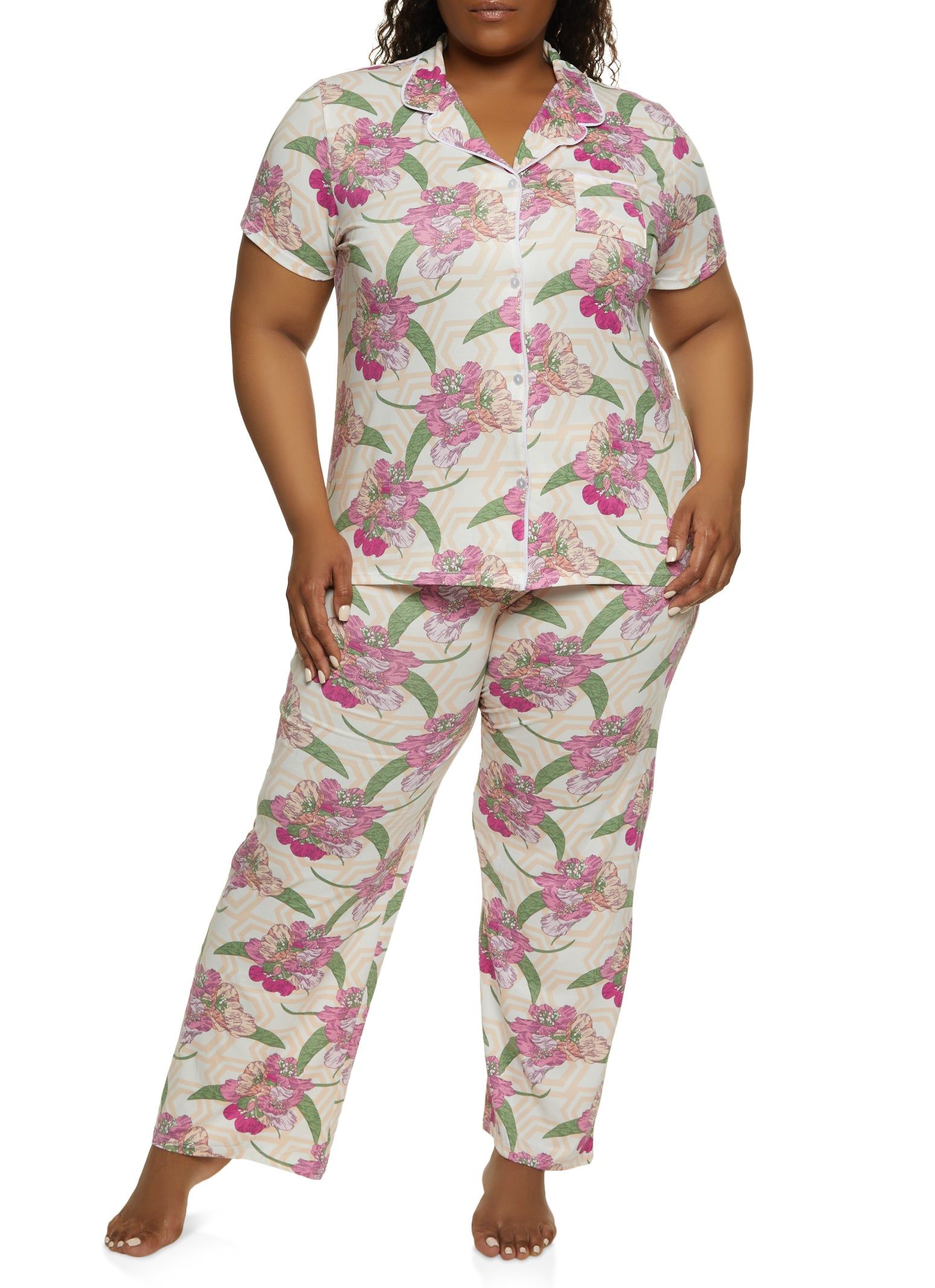 Plus Size Floral Print Pajama Shirt and Pants sold by Rainbow product image thumbnail 2