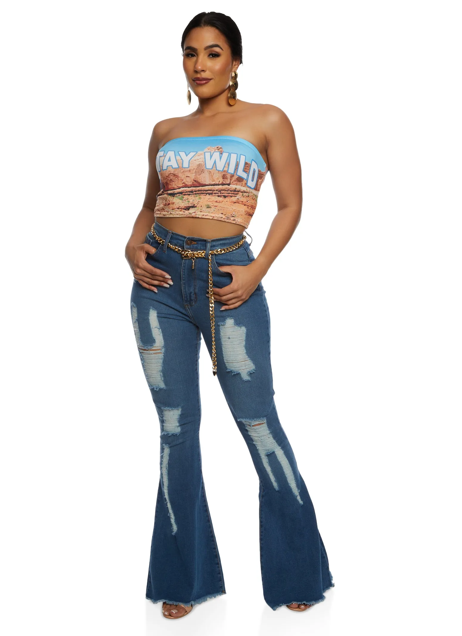 Highway Frayed Trim Distressed Flare Jeans sold by Rainbow