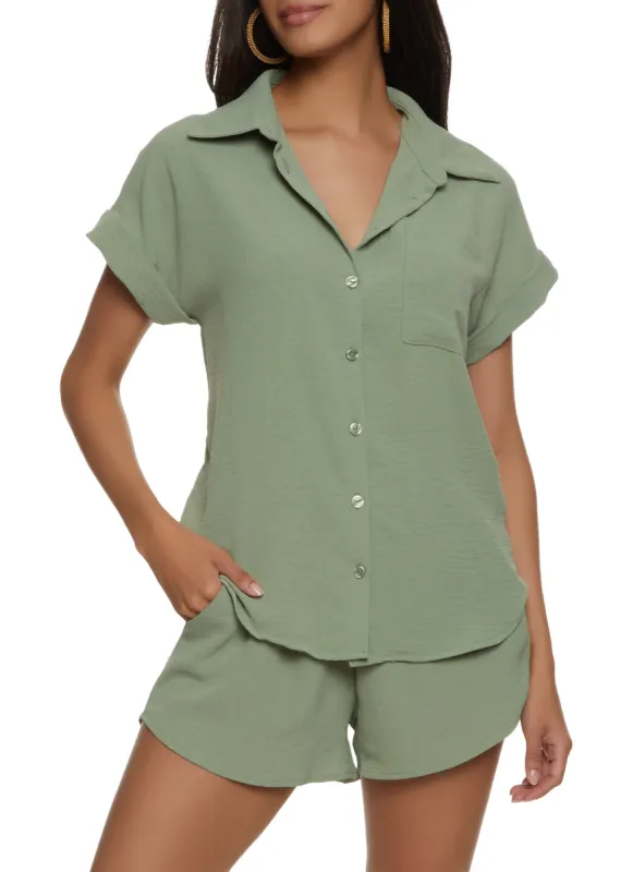 Airy Crepe Knit Button Front Shirt sold by Rainbow