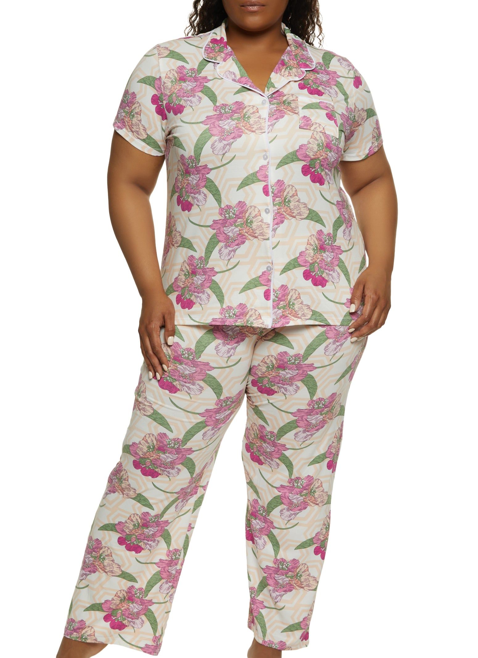Plus Size Floral Print Pajama Shirt and Pants sold by Rainbow