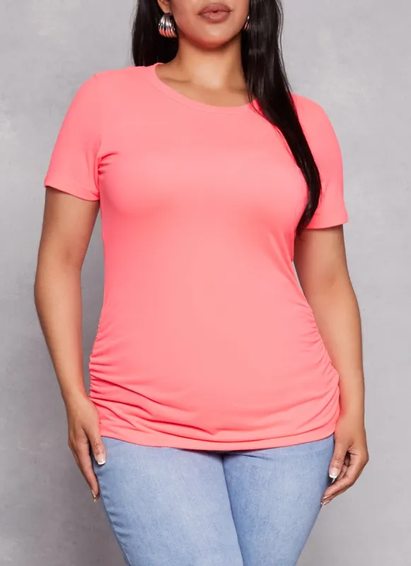 Plus Size Basic Ruched Side Crew Neck Tee sold by Rainbow