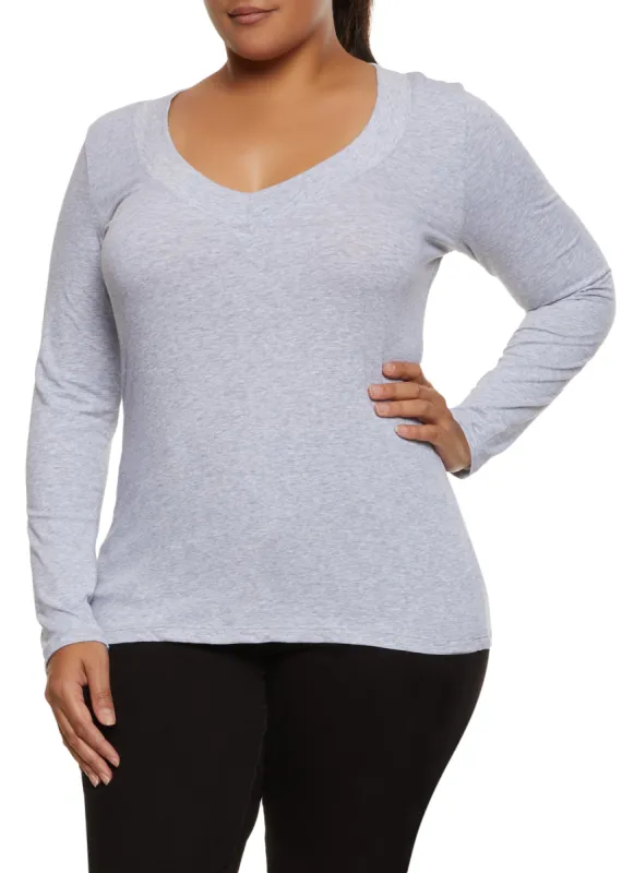 Plus Size Solid V Neck Long Sleeve Tee sold by Rainbow