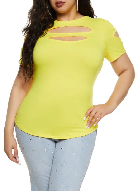 Plus Size Cut Out Crew Neck T Shirt sold by Rainbow