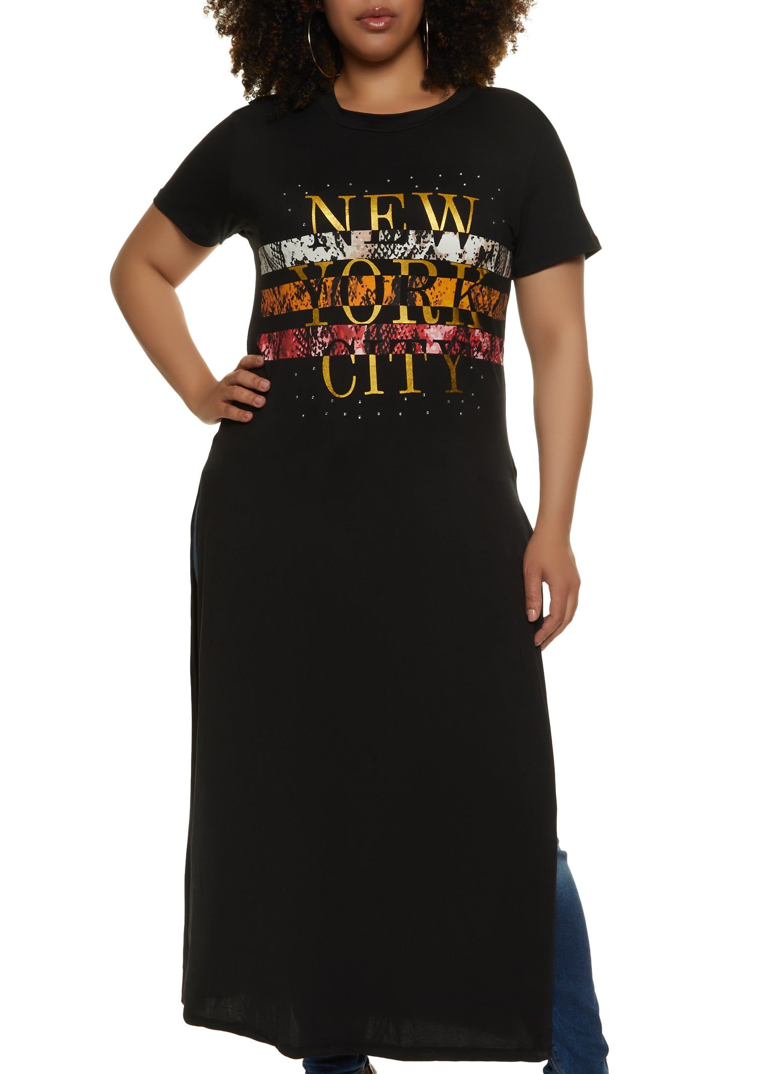 Plus Size Rhinestone New York City Maxi Tee sold by Rainbow