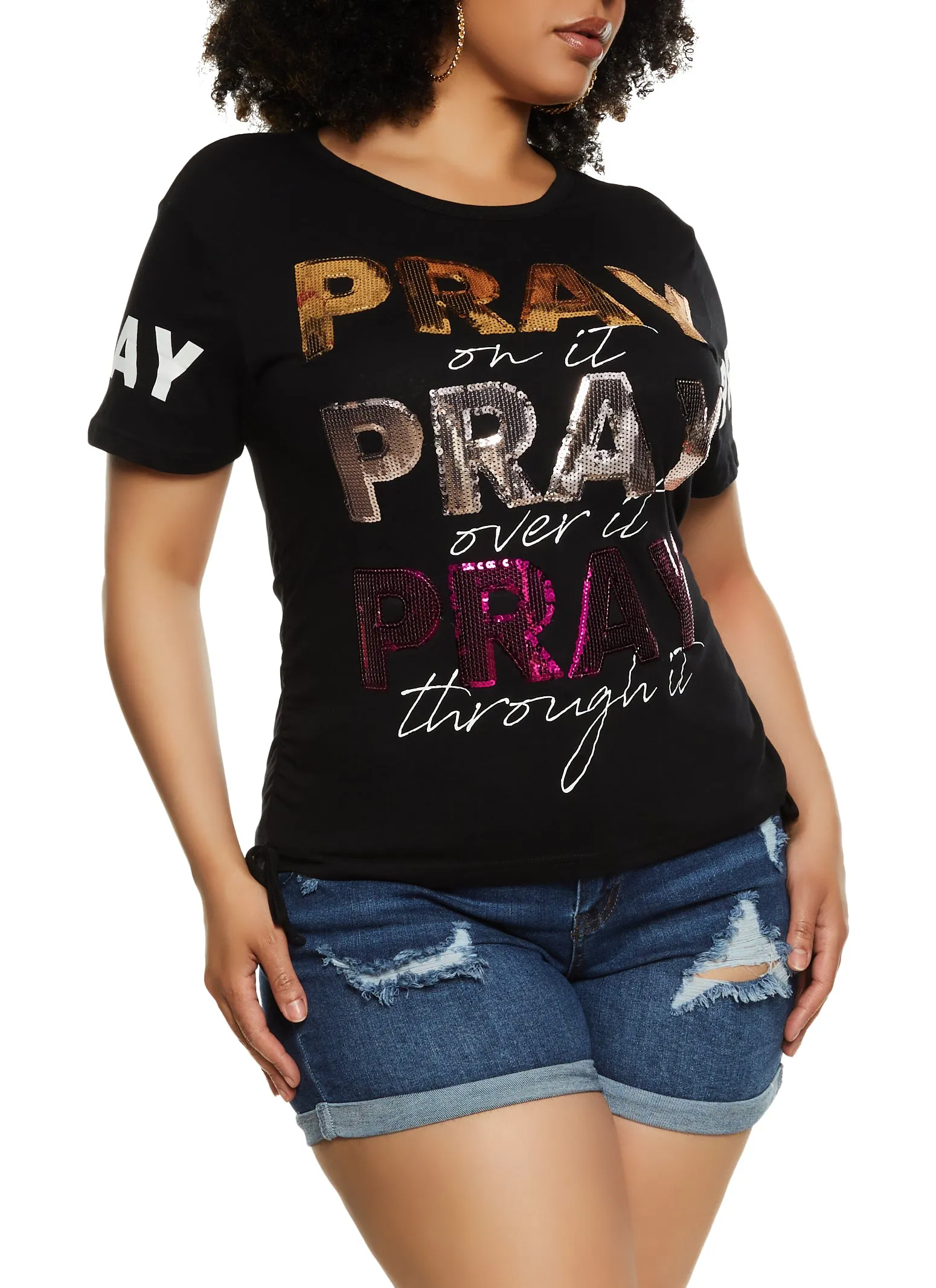 Plus Size Sequin Pray Graphic T Shirt sold by Rainbow product image thumbnail 2
