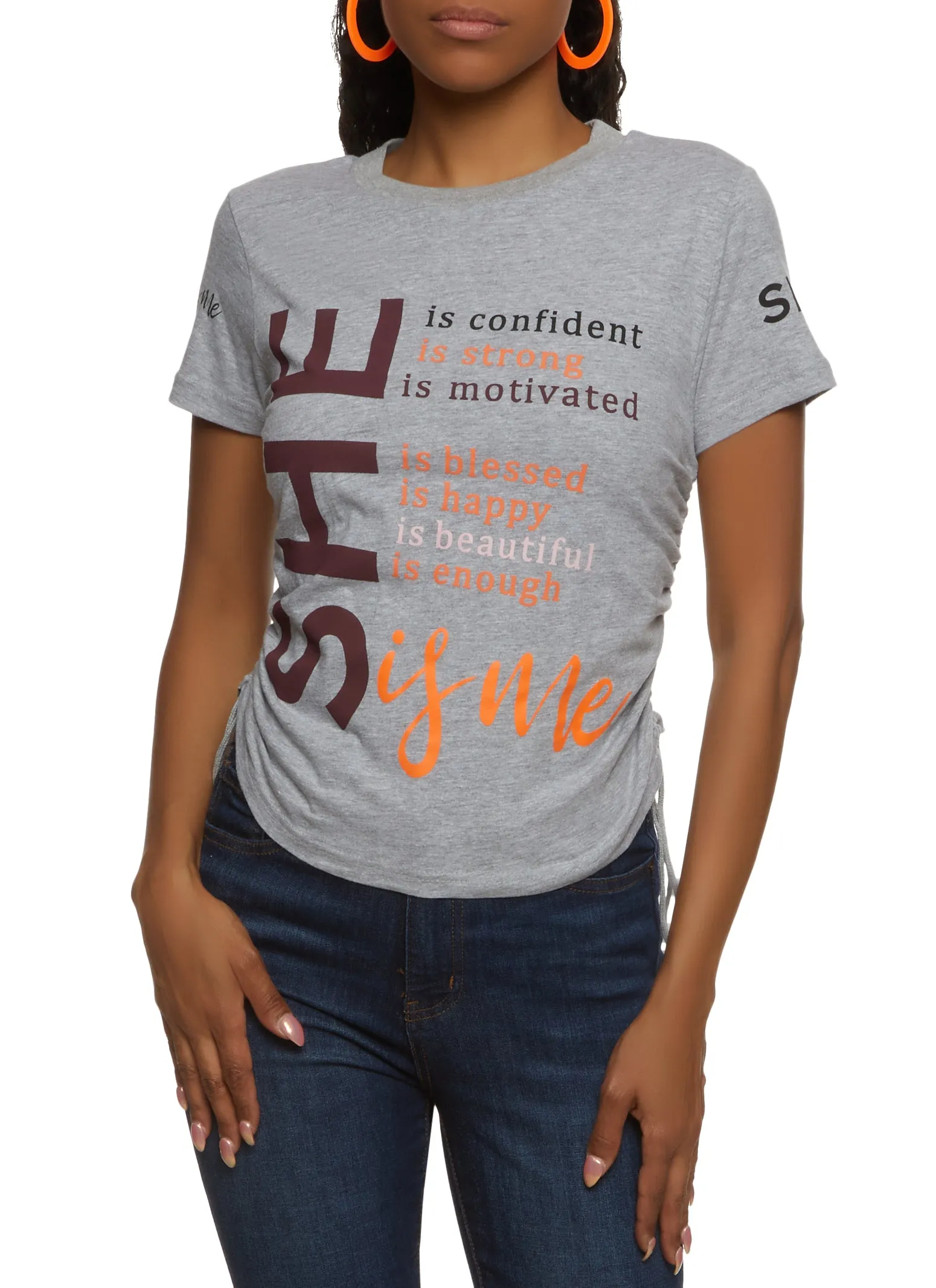 She Is Me Ruched Side Graphic Tee sold by Rainbow
