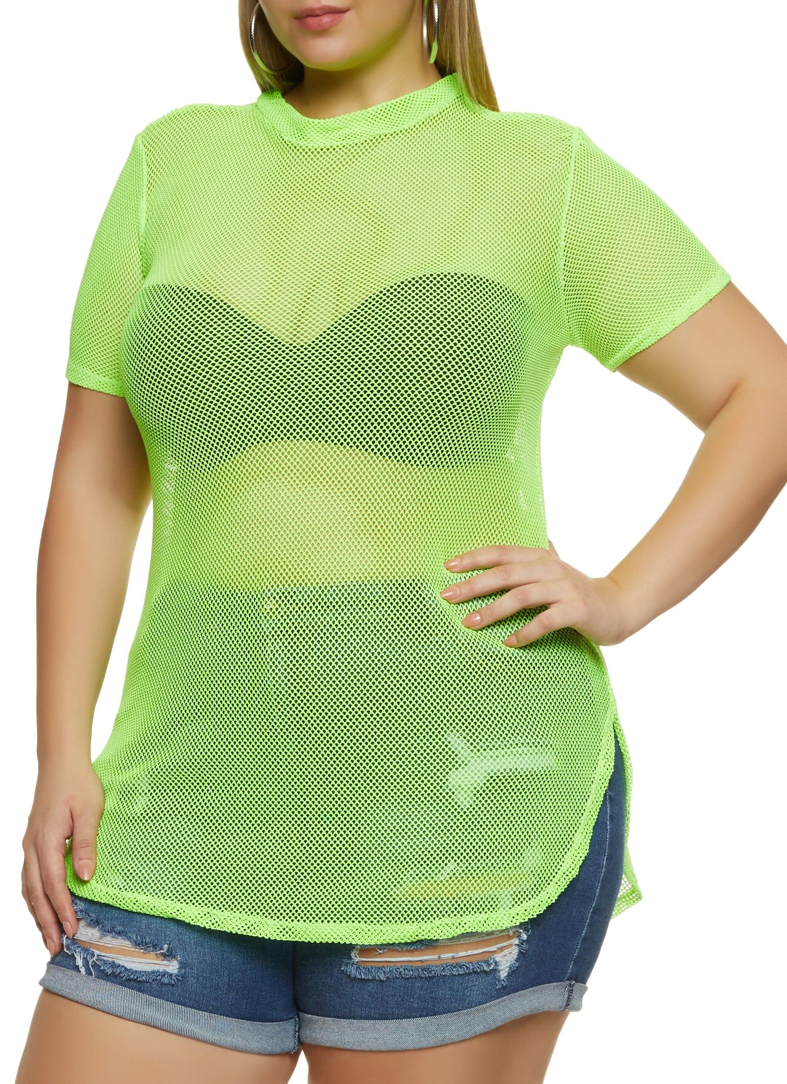 Plus Size Fishnet Short Sleeve Top sold by Rainbow