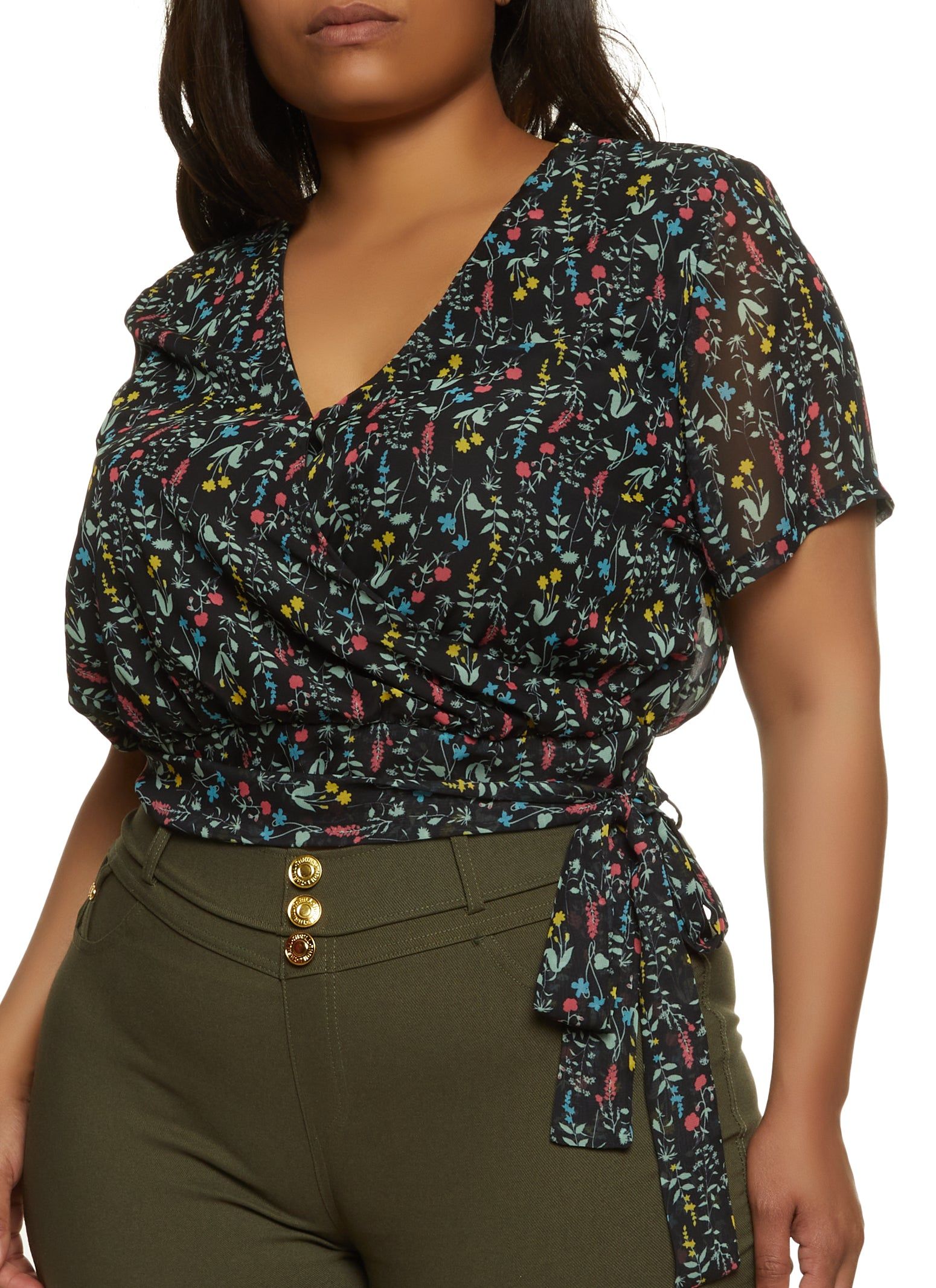 Plus Size Floral Print Chiffon Wrap Top sold by Rainbow