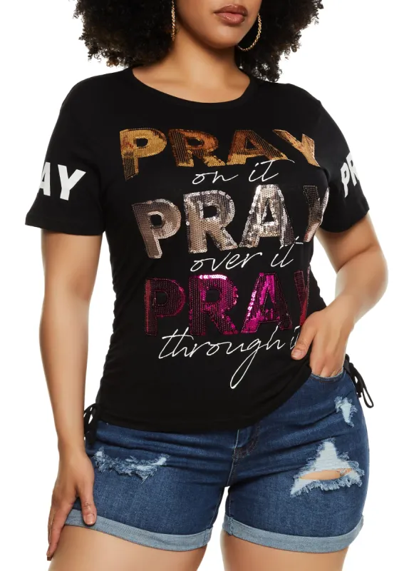 Plus Size Sequin Pray Graphic T Shirt sold by Rainbow