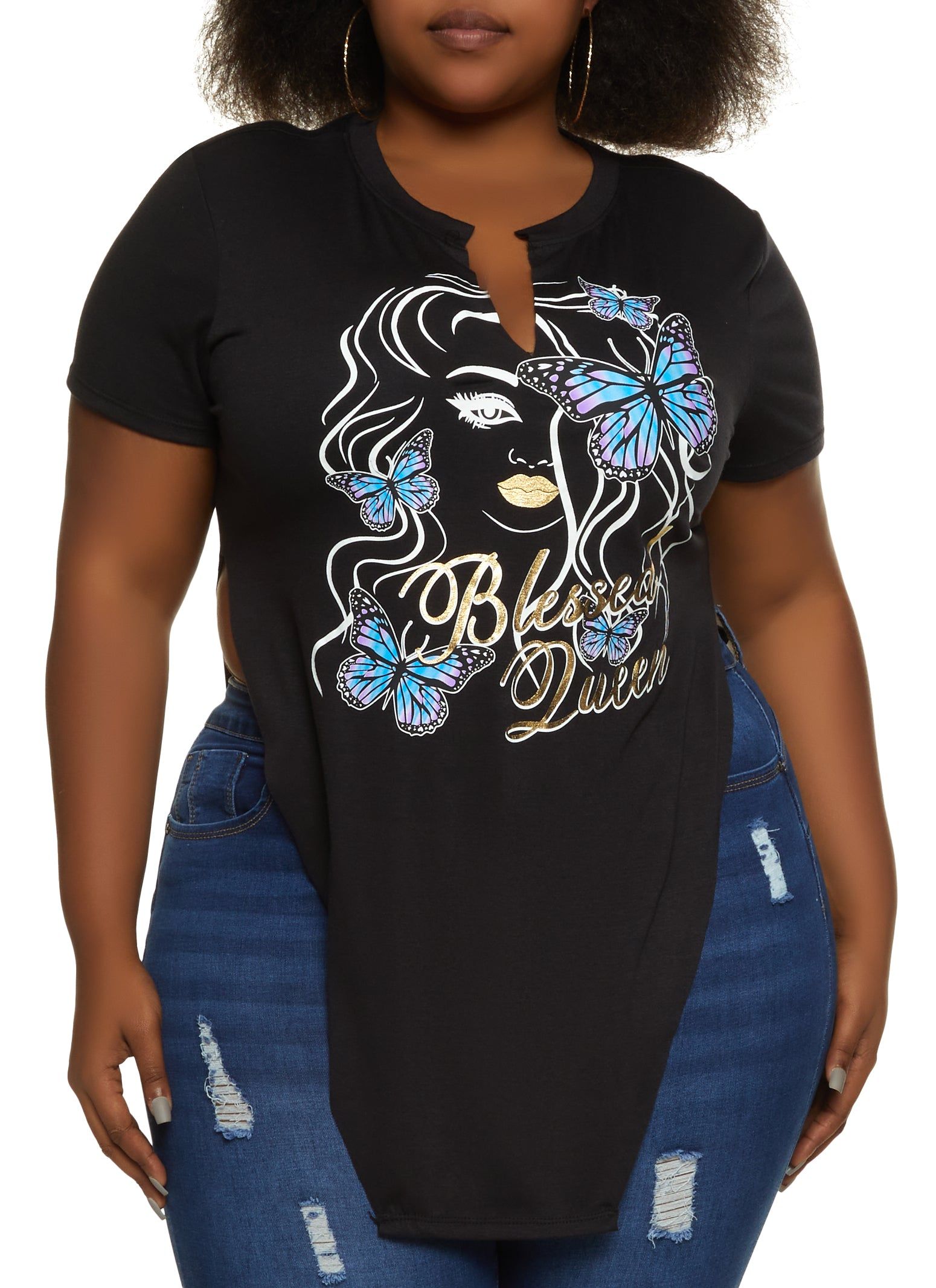 Plus Size Blessed Queen Hanky Hem Graphic Tee sold by Rainbow
