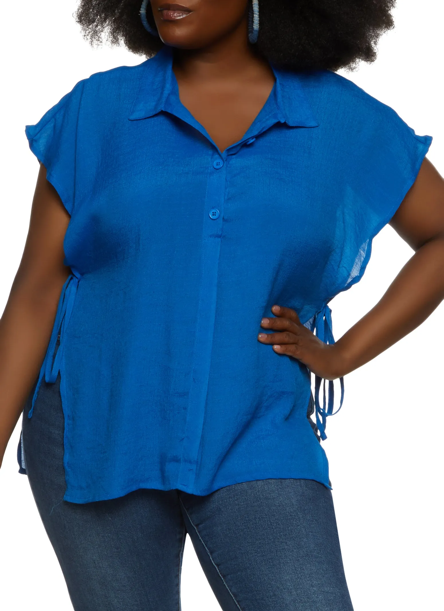 Plus Size Solid Open Side Tie Button Front Top sold by Rainbow