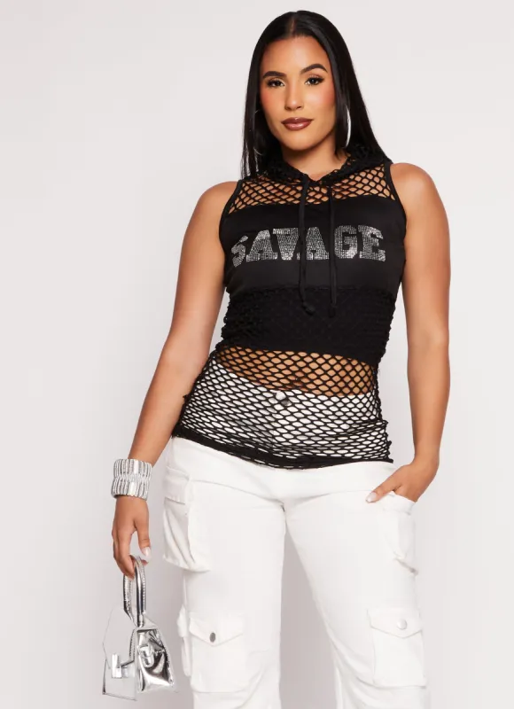 Fishnet Savage Rhinestone Hooded Graphic Tee sold by Rainbow