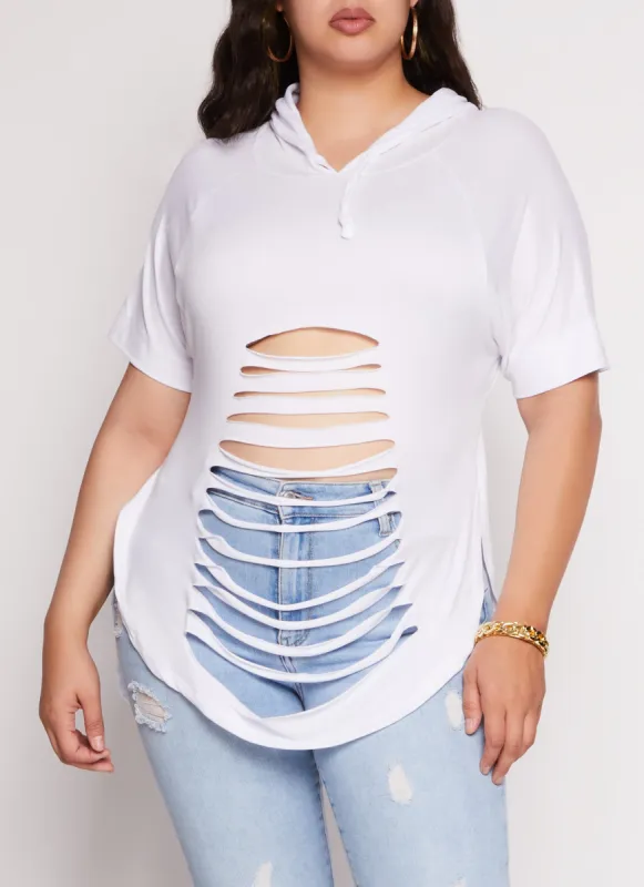 Plus Size Laser Cut Hooded Top sold by Rainbow