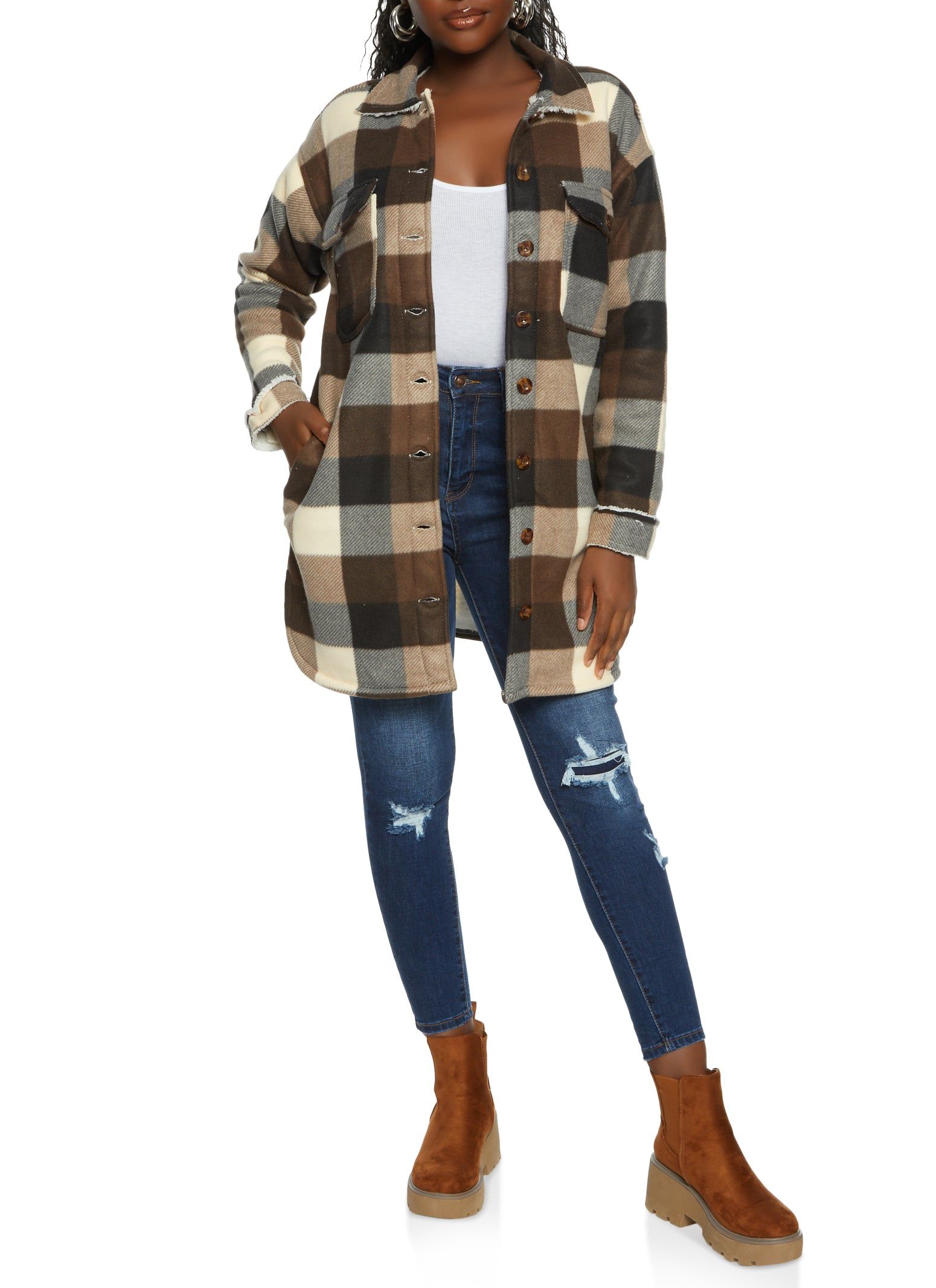 Plaid Brushed Knit Sherpa Lined Longline Shacket sold by Rainbow product image thumbnail 2