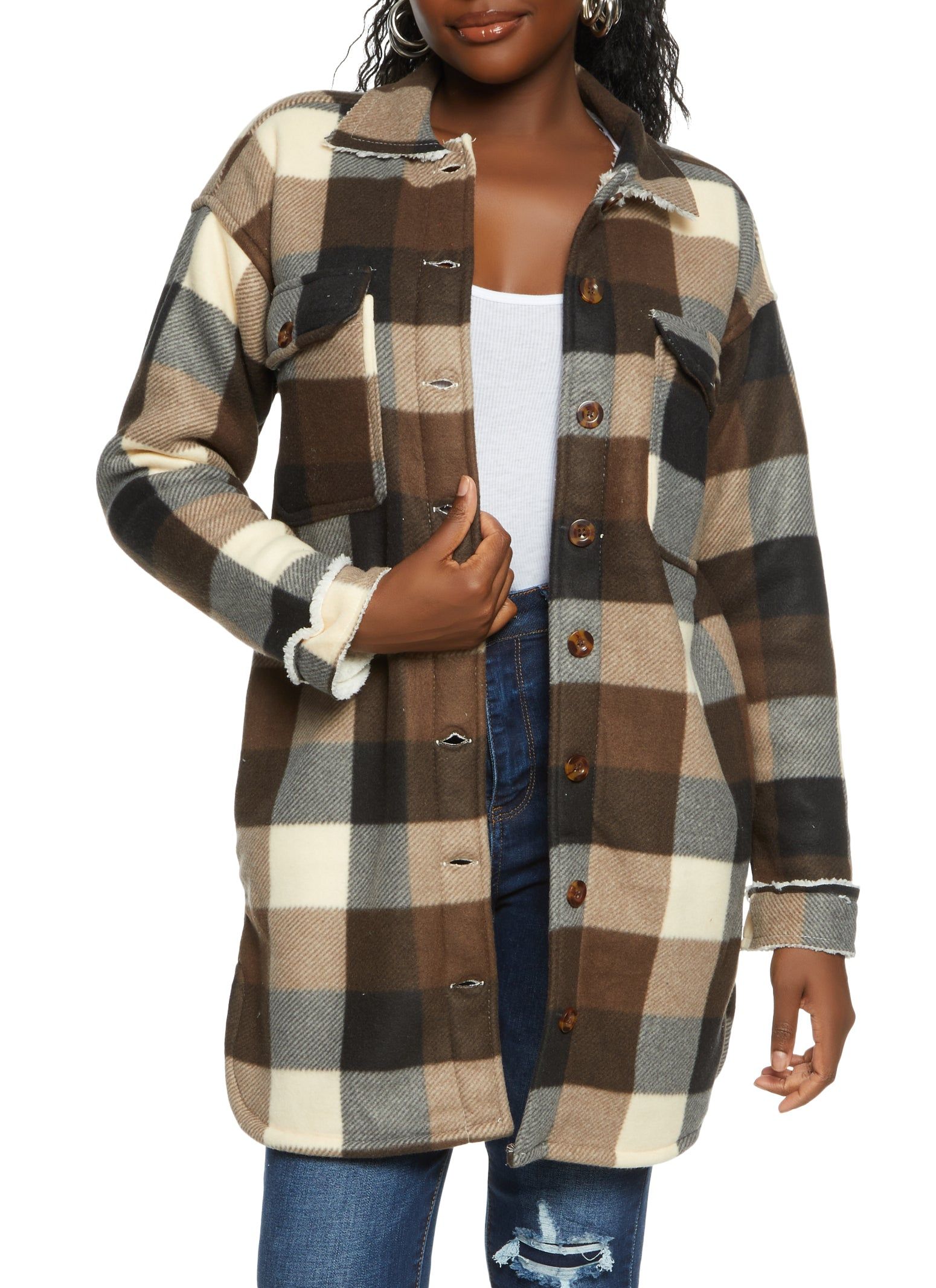 Plaid Brushed Knit Sherpa Lined Longline Shacket sold by Rainbow
